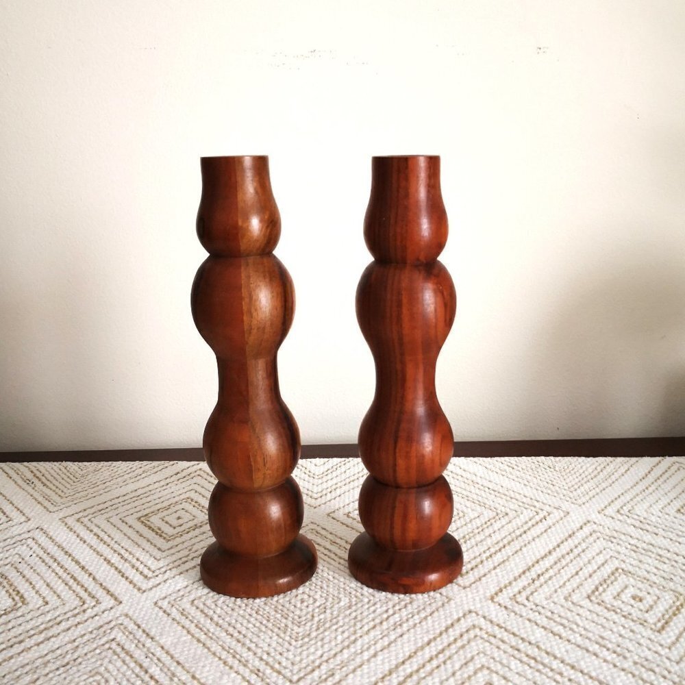 Pair‎ of Hearth & Hand Magnolia Joanna Gaines Wood Hand Turned Candleholders 9"H